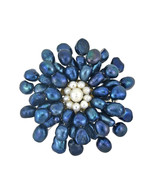 Freshwater Dyed Blue Pearls Retro Floral Pin-Brooch - £21.80 GBP