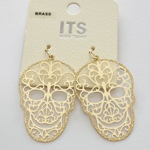 New ITS Sense Brass Skull Earrings Halloween Gold Tone Filigree Metal  - £93.35 GBP
