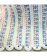34x44&quot; Crochet Baby Blanket Handmade Multicolor Pastel Pink Blue With Wh... - £7.05 GBP