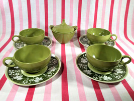Mid Century Oneida Ware Deluxe 10pc Green Ivy Cup Saucer Coffee Set + Sugar Bowl - £16.08 GBP