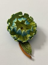 Vintage Enamel Flower Brooch 3D with Stem Teal Aqua and Lime Green GLOWS... - £44.94 GBP