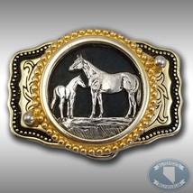 Vintage Belt Buckle Horse And Pony Filigree Western Gold And Black Color... - $40.45