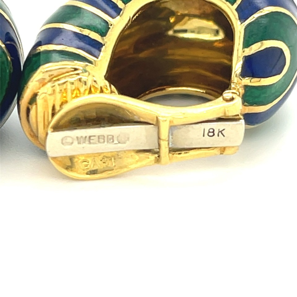 David Webb 18k Yellow Gold Blue and Green Enamel Huggie Earrings Gorgeous! Item image 3