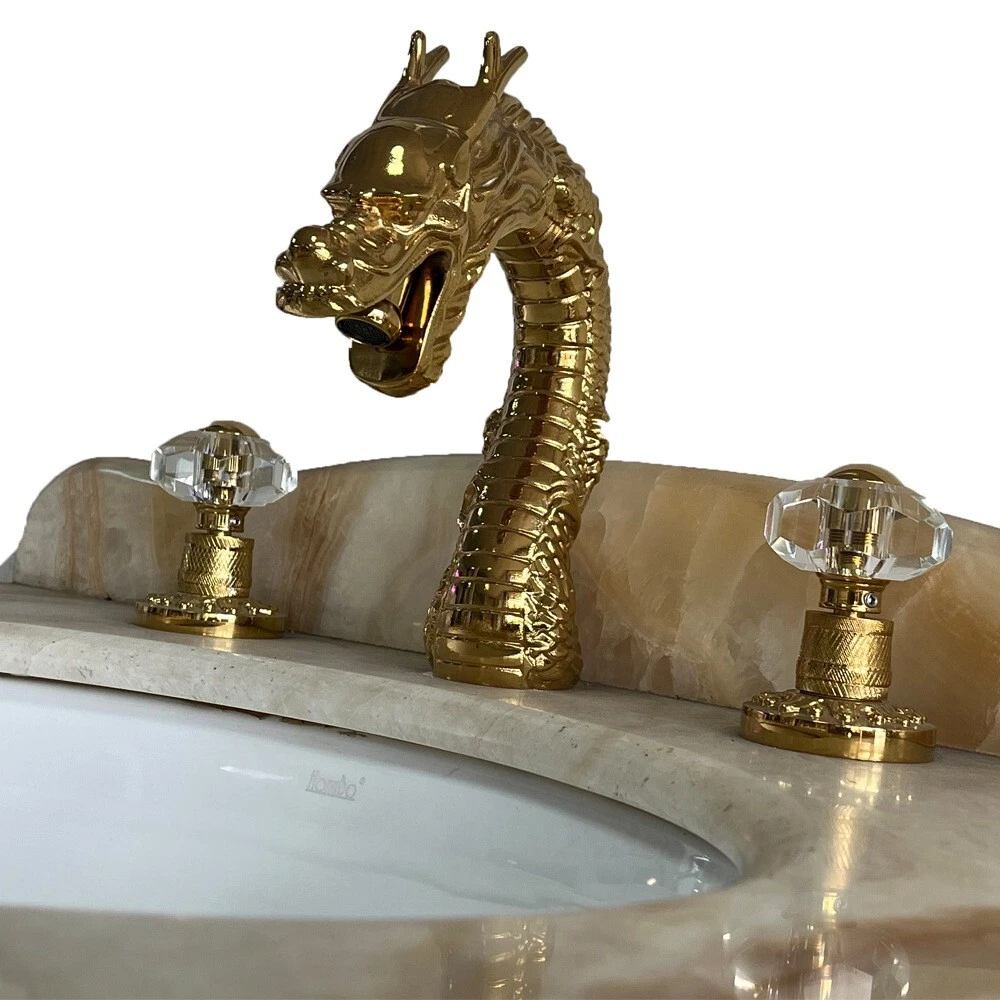 GOLD 3 Hole widespread bathroom luxury dragon lav sink Faucet tap crysta... - $17,841.28 MXN