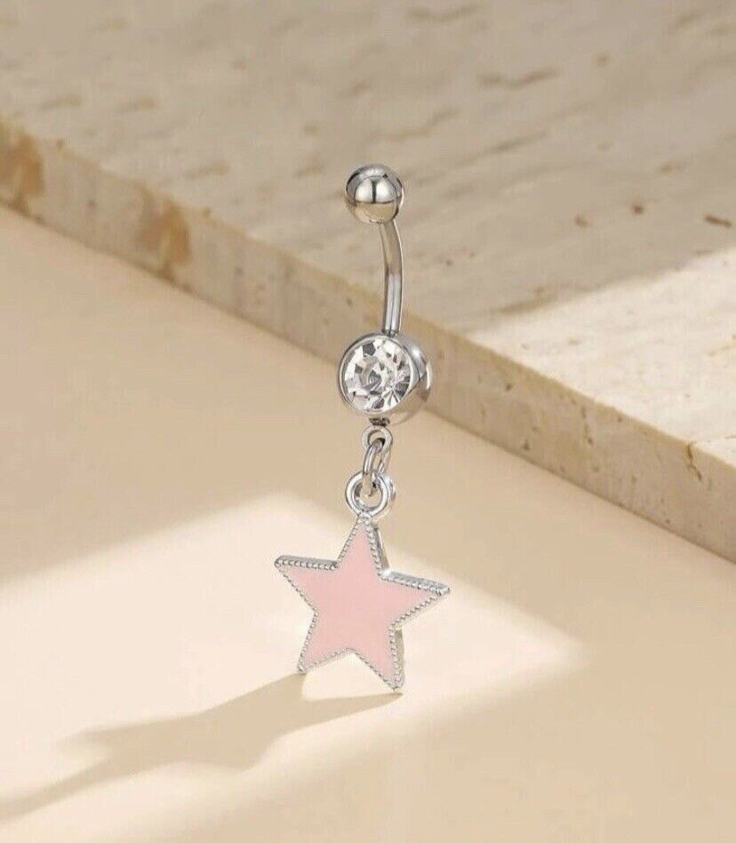 Primary image for Silver and diamond crystal belly ring / bar with Pink star charm
