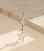 Silver and diamond crystal belly ring / bar with Pink star charm - £8.75 GBP