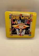 EUC Mary Engelbreit &quot;She Who Laughs Lasts&quot; Yellow Metal Tin - £7.00 GBP
