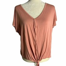 Ambiance Tie Front Button Up Cropped Top 1XL Pink Short Sleeve Stretch V... - $11.30