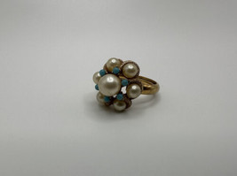 Vintage Gold Avon Faux Pearl and Turquoise Ring Adjustable Size - $29.70