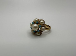 Vintage Gold Avon Faux Pearl and Turquoise Ring Adjustable Size - £23.73 GBP