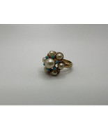 Vintage Gold Avon Faux Pearl and Turquoise Ring Adjustable Size - £23.73 GBP