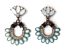 Aqua Blue &amp; White Rhinestone Chandelier Earrings Brown Beads Dangle Drop - £12.59 GBP