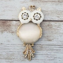 Vintage Pendant Large Gold Tone &amp; Cream Owl with Clear Gems  - No Chain Included - £15.16 GBP