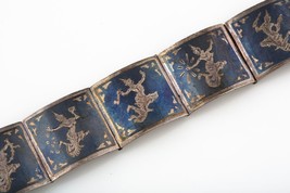 Vintage Siamese Sterling Silver And Niello Etched Link Panel Bracelet - £58.32 GBP