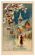Postcard Embossed Merry Christmastide Holly Bells Winter Snow Church Woman 1913 - £8.61 GBP