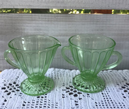 Vintage Green Glass Ribbed Cream And Sugar handled Depression pedestal base - £19.13 GBP