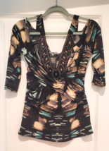 Venus Geometric Print Cold Open Shoulder Top M Black 3/4 Sleeve Beaded V... - $23.70