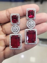 Indian 925 Silver Plated Bollywood Style CZ Earrings Ruby Red Jewelry Set - £68.70 GBP