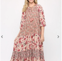 NEW! GIGIO by Umgee Boho Style Pink Floral Print Tiered Ruffled Maxi Dress - £55.90 GBP