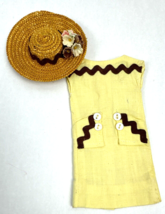 Vintage Barbie Doll Clothes Dress &amp; Straw Hat Yellow Sheath Rick Rack Clone  - £43.12 GBP