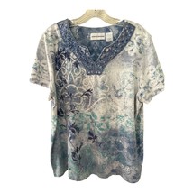 Alfred Dunner Women’s Size L Blue Lace Trim Floral Top – Short Sleeve Co... - $21.60
