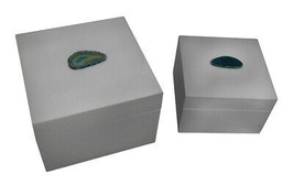 Scratch &amp; Dent Pair of Glossy White Decorative Boxes With Blue Agate Accents - £27.77 GBP