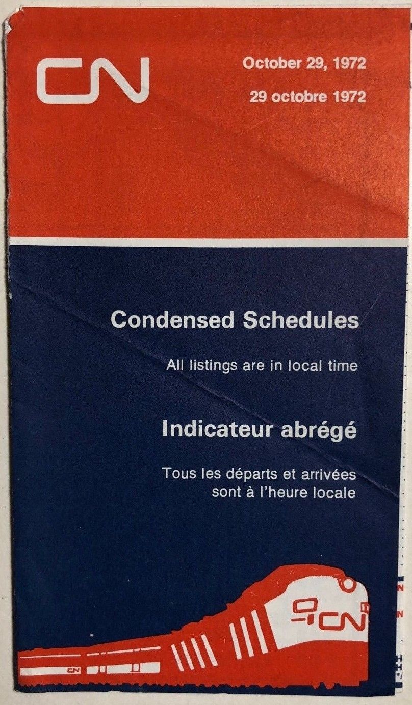 CANADIAN NATIONAL RAILWAYS Condensed Pocket Time Table October 29, 1972 - $9.89