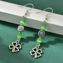 St Patrick&#39;s Day - Lucky 4 Leaf Clover Green &amp; Silver Beads Dangle Earrings - £6.42 GBP