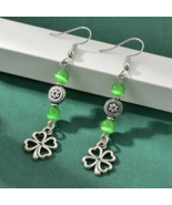 St Patrick&#39;s Day - Lucky 4 Leaf Clover Green &amp; Silver Beads Dangle Earrings - £6.27 GBP