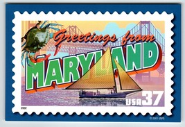 Greetings From Maryland Large Letter Chrome Postcard USPS 2001 Crabs Sailboat - £7.68 GBP