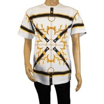 Men LAVERITA European Fashion Crew Shirt Rhine Stones Chain Floral 12085 White image 9