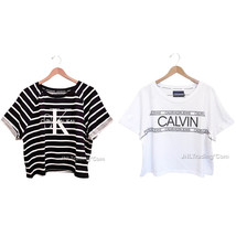 NWT Calvin Klein Jeans Stripes Crew Neck French Terry Logo Cropped Top S... - £24.35 GBP