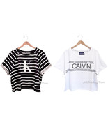 NWT Calvin Klein Jeans Stripes Crew Neck French Terry Logo Cropped Top S... - £24.04 GBP