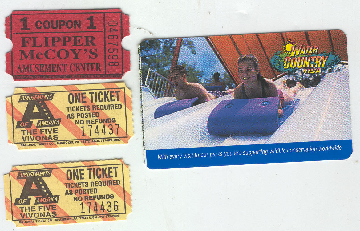 AMUSEMENT PARKS USA 4 TICKETS STUBS WATER COUNTRY FLIPPER MCCOYS FIVE VI... - $8.75