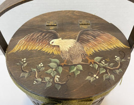 VTG Hand Painted Bald Eagle Fabric Lined Woven Basket Hinged Lid Handle 7.25 x 7 - £22.65 GBP