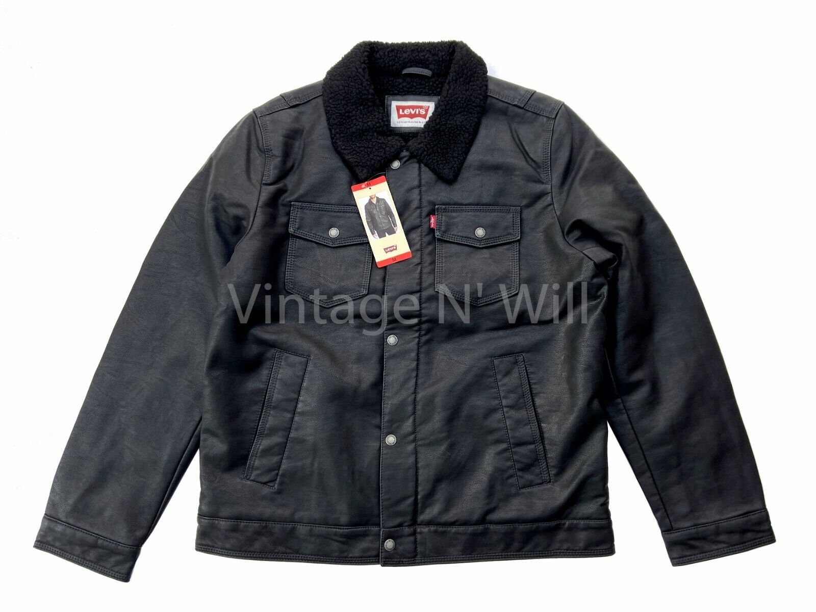 Levis Jeans Red Tab Mens M Black Faux Leather Sherpa Lined Winter Trucke... - $61.74