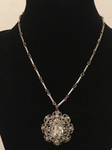 Vintage Silver Toned Necklace With Crystal Pendant (21) - £9.62 GBP