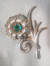 Vintage Sterling Silver Flower Brooch Pin Green Rhinestones 2.5&quot; - £23.58 GBP
