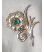 Vintage Sterling Silver Flower Brooch Pin Green Rhinestones 2.5&quot; - £23.83 GBP