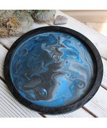 Blue &amp; Gray Acrylic Paint Pour Decorative Wood Tray 10&quot; - $717.09 MXN
