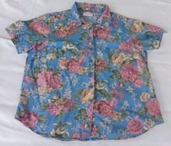 Lemon Grass Woman 18/20W Short Sleeve Blue Floral Button Collared Shirt - £10.26 GBP