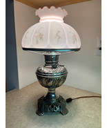 1895 Antique Silver Tone Brass Oil Lamp Converted Milk Glass Chased Orna... - €347,36 EUR