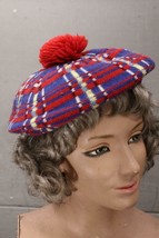 Vintage Machine Knit Scottish Blue Red &amp; Yellow Tartan Plaid Folk Hat Tam - £14.25 GBP
