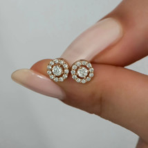 1.50Ct Natural Moissanite Tester Pass Halo Stud Earrings 14K Yellow Gold Plated - $215.04