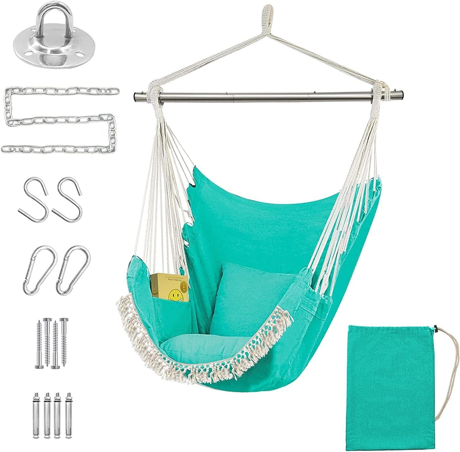 Hammock Swing Chair, Hanging Chair with Pocket, Detachable Steel Support Green - £26.57 GBP
