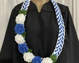 Graduation Lei Flower Royal Blue White Roses Flowers Leaves Four Braided... - $49.50