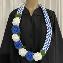 Graduation Lei Flower Royal Blue White Roses Flowers Leaves Four Braided Ribbon - £39.34 GBP
