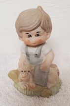 Vintage 4.5&quot; Porcelain Bisque Figurine BOY on a Log with a Dog - £3.99 GBP