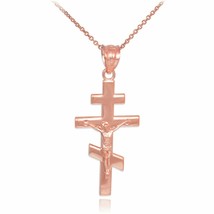 Solid 14k Rose Gold Russian Orthodox Crucifix Pendant Necklace - £124.99 GBP+