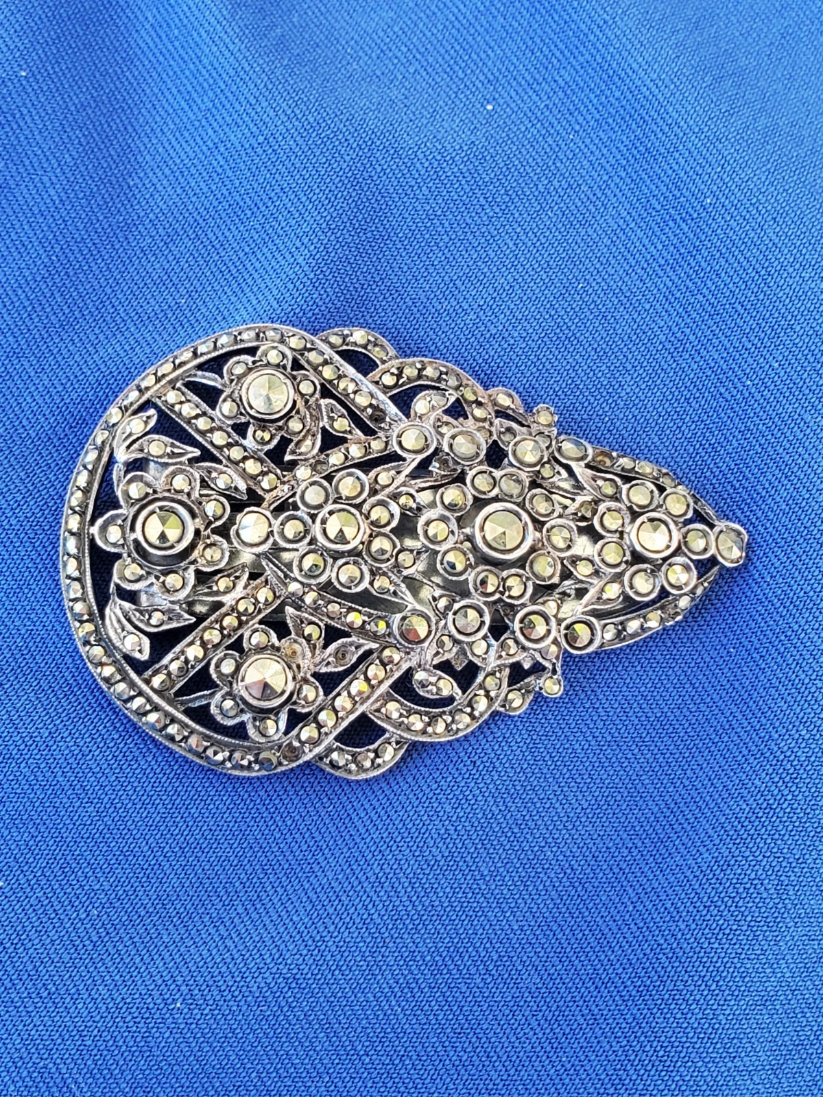 Vintage Art Deco Sterling Silver 935 Diamond Cut Marcasite Large Pin Brooch Clip Item image 8